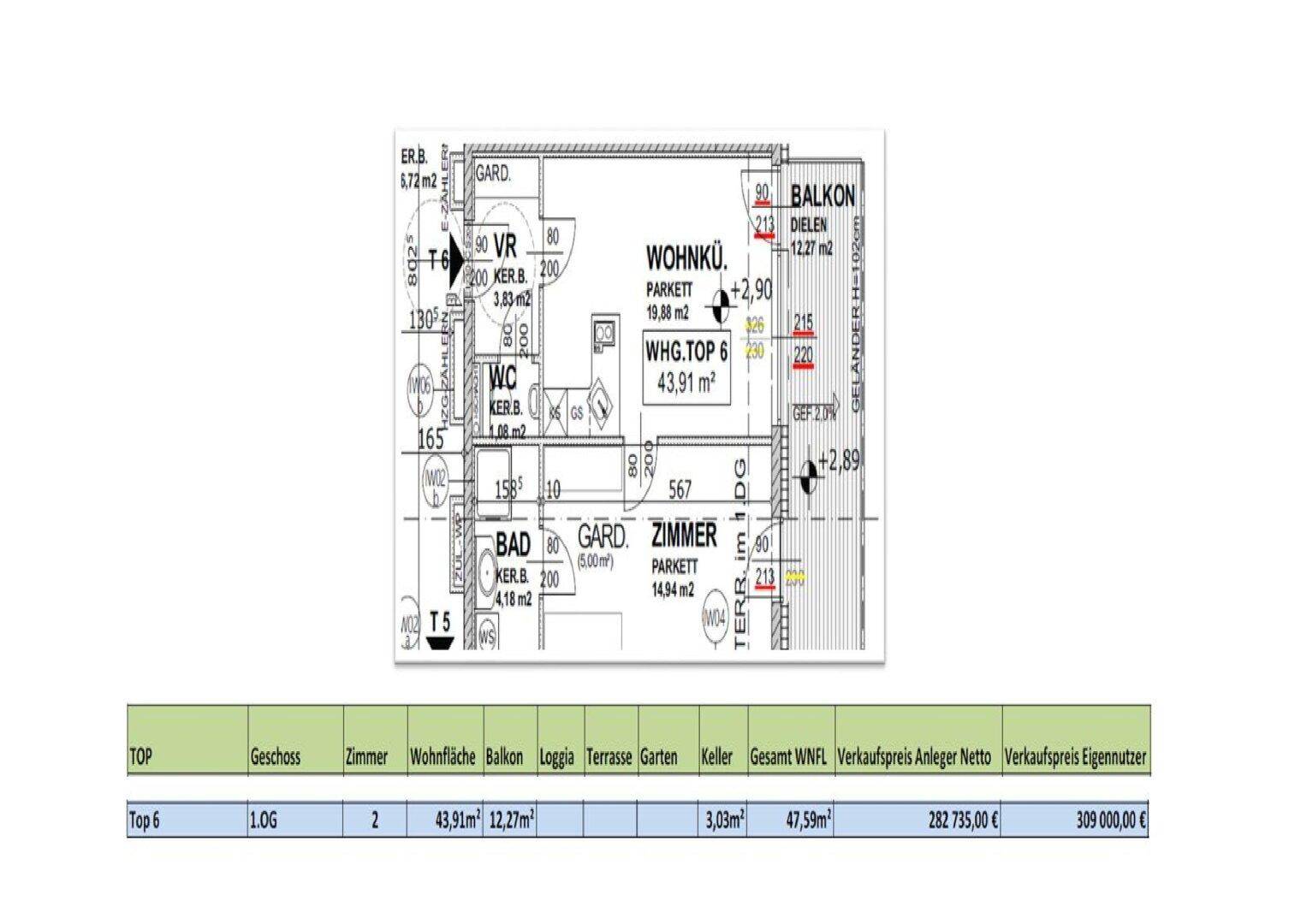 Grundriss einer Wohnung mit offener Wohnküche, Schlafzimmer, Bad, WC und Zugang zu Balkon und Garten.
