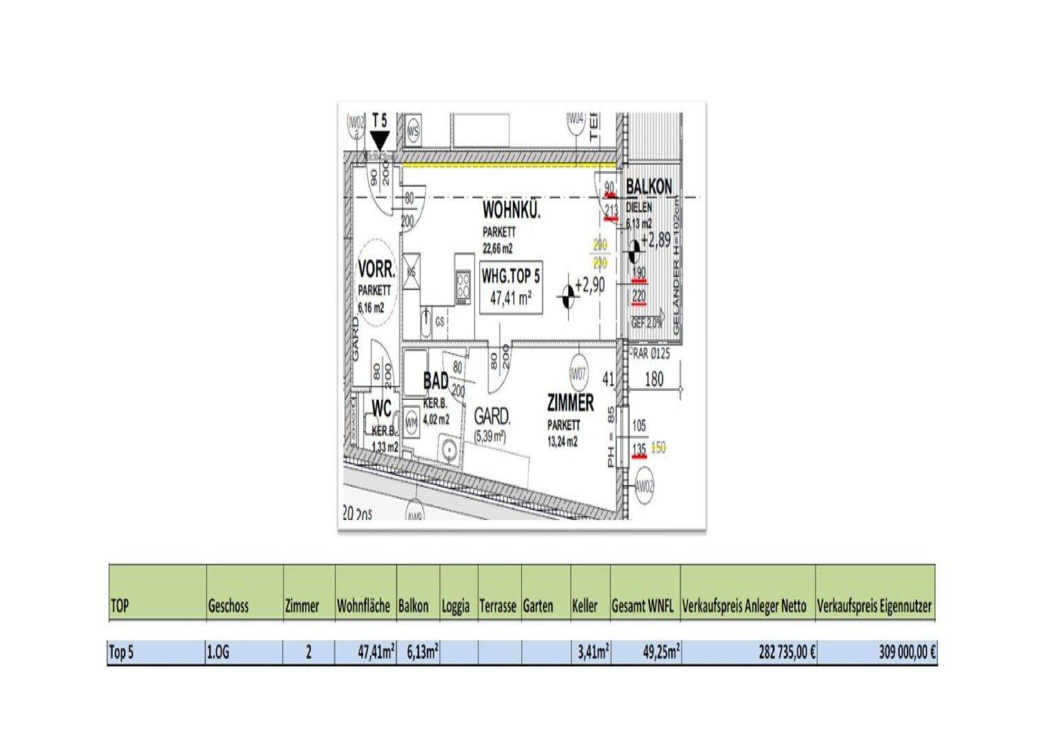 Grundriss einer Wohnung mit Wohnküche, Zimmer, Bad, WC und einem Balkon.