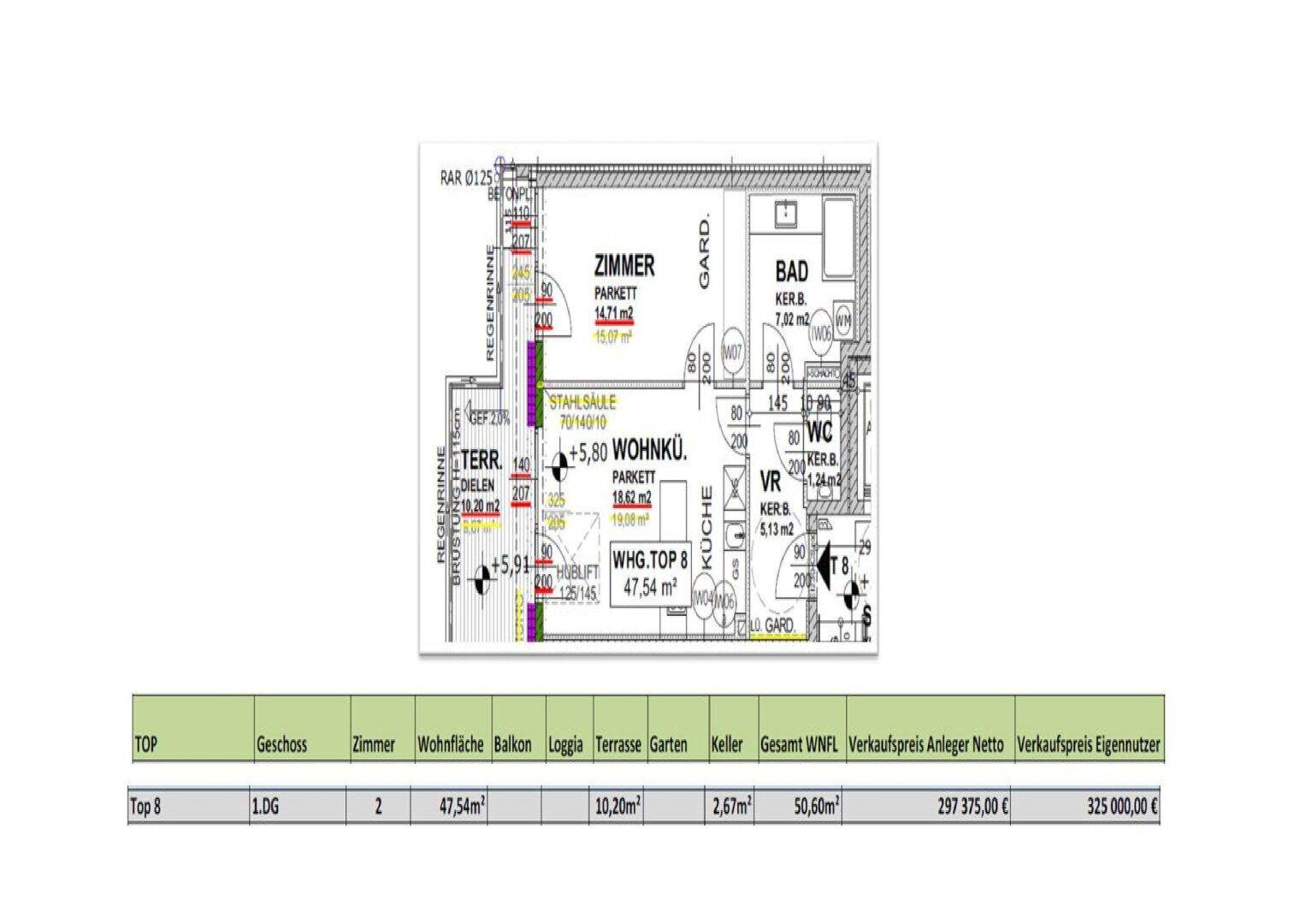 Grundriss einer Wohnung mit zwei Zimmern, offener Küche, Bad, WC und großer Terrasse.