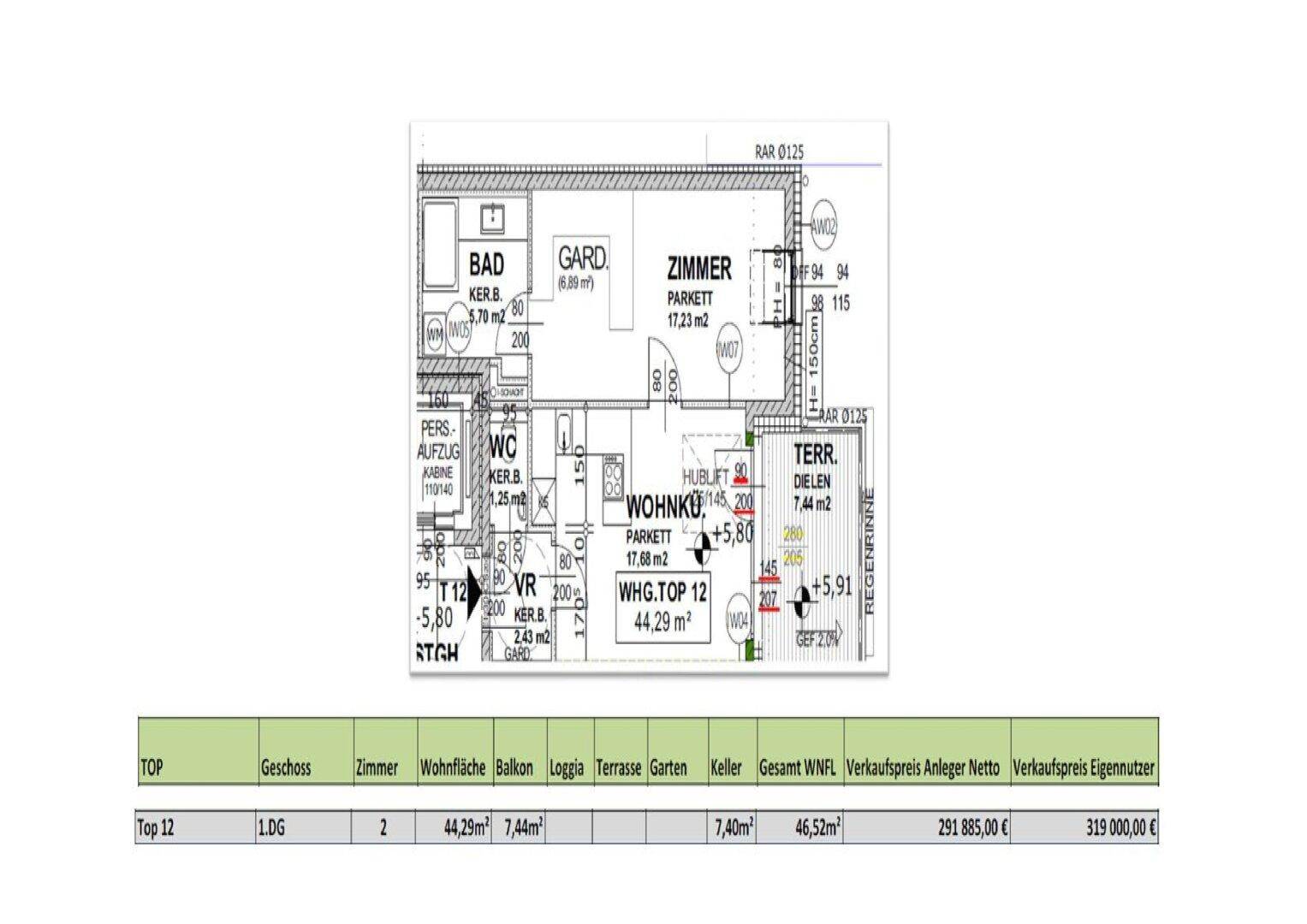 Grundriss einer Wohnung mit offenem Wohn- und Küchenbereich, Bad, WC, Zimmer, Balkon und Terrasse.