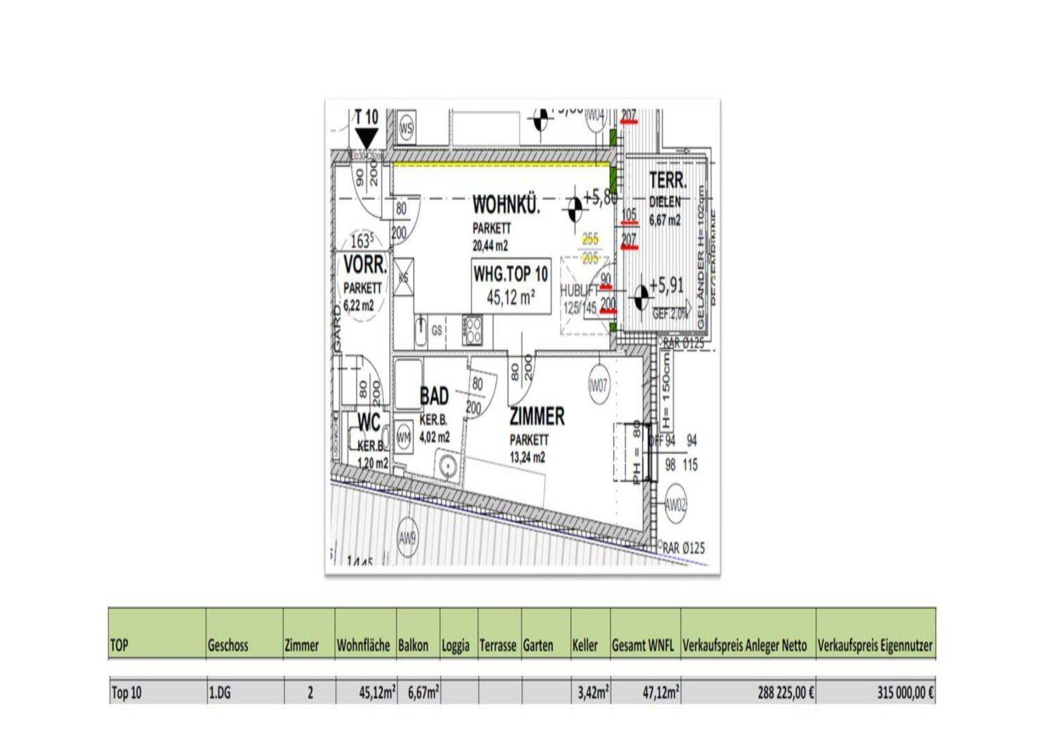 Detaillierter Grundriss einer Wohnung mit offener Wohnküche, Bad, Zimmer und Terrasse.