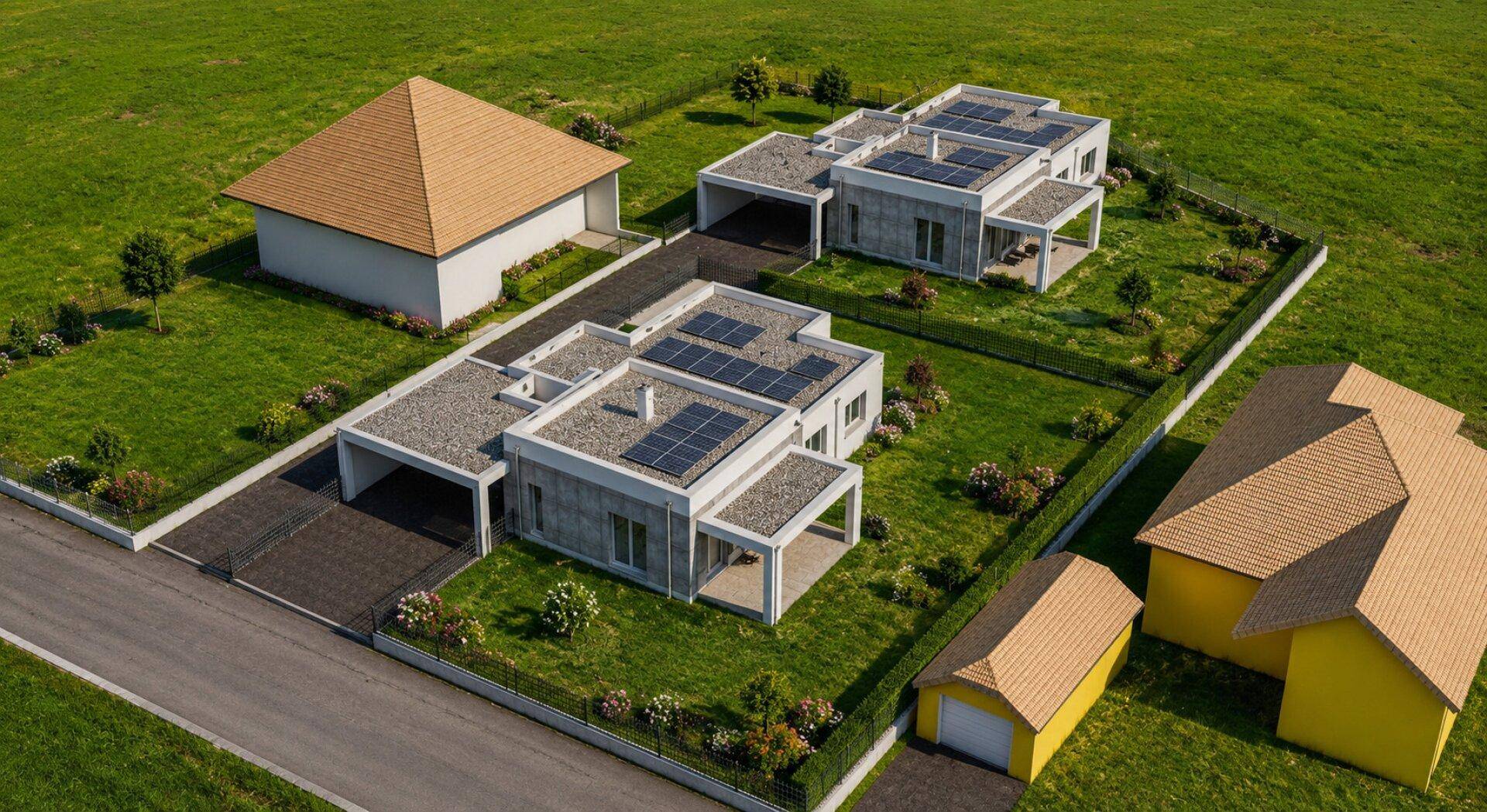 Übersicht über zwei moderne Einfamilienhäuser mit Solaranlagen auf den Flachdächern und weitläufigen Grünflächen.