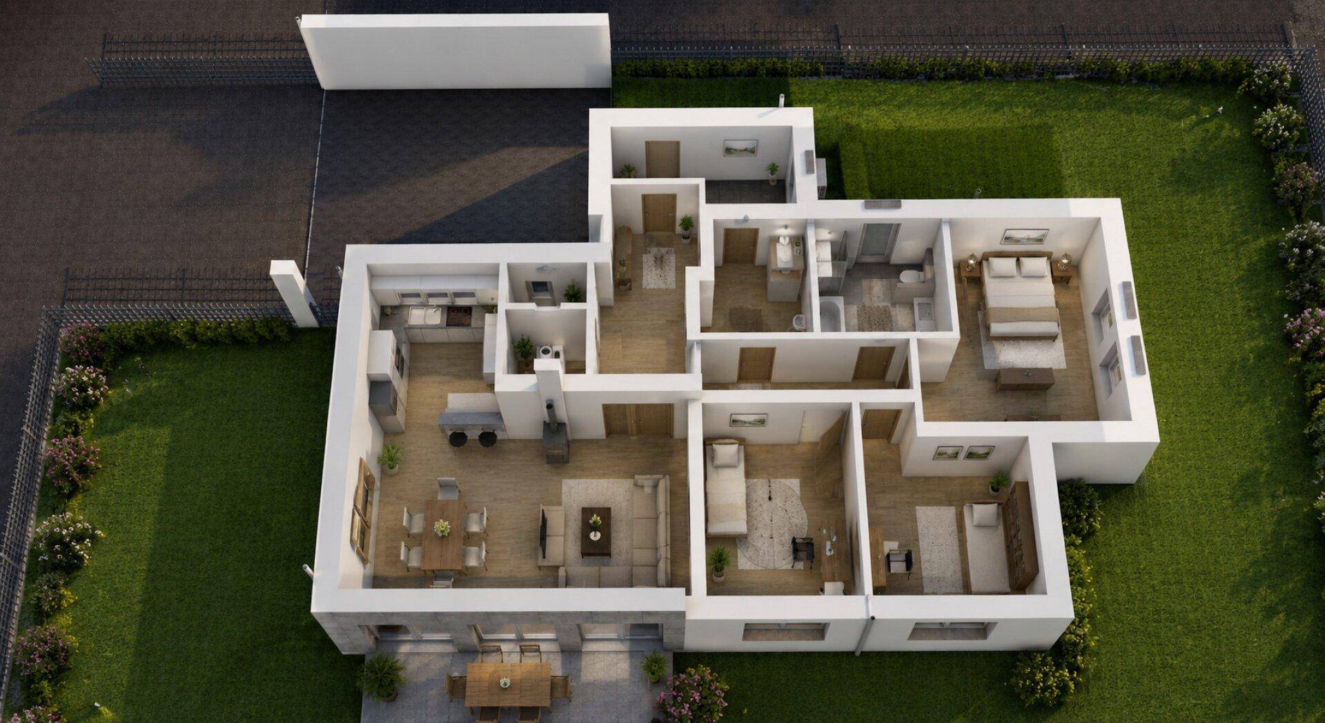 Detaillierter 3D-Grundriss eines Hauses mit offener Wohnküche, mehreren Schlafzimmern und möblierter Terrasse.