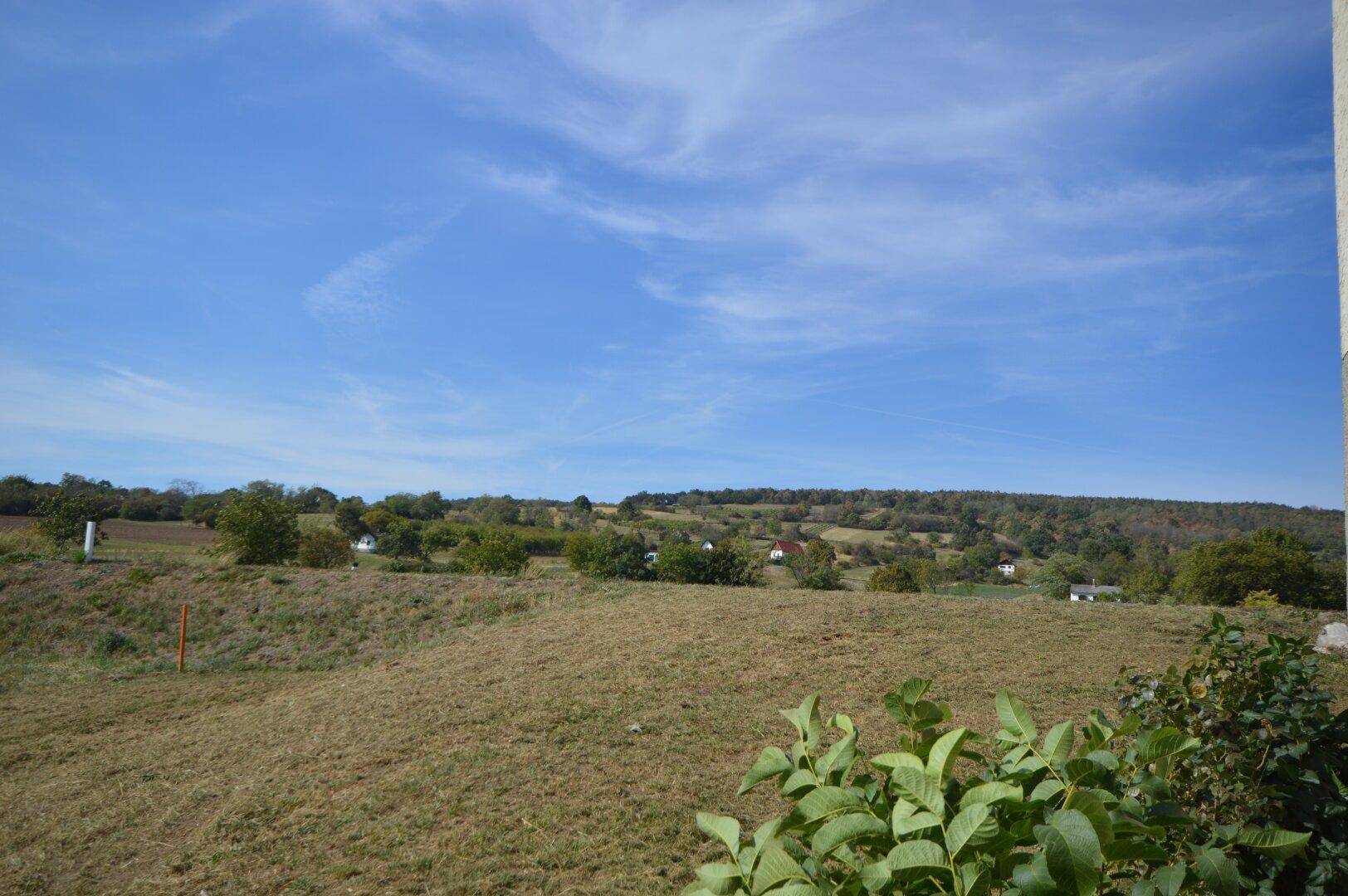 Weitläufiger Blick über die grüne, hügelige Landschaft unter einem klaren blauen Himmel.