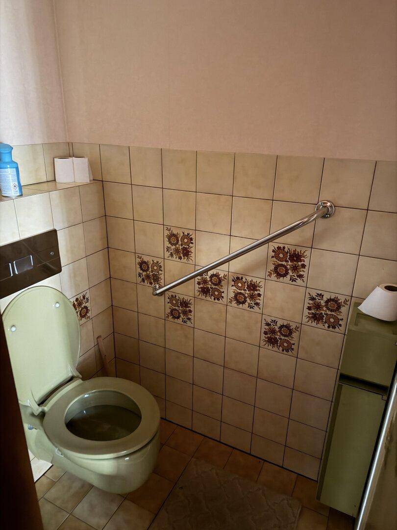 Gäste-WC mit floral gemusterten Fliesen, hellgrüner Toilette und Haltegriff für Barrierefreiheit.