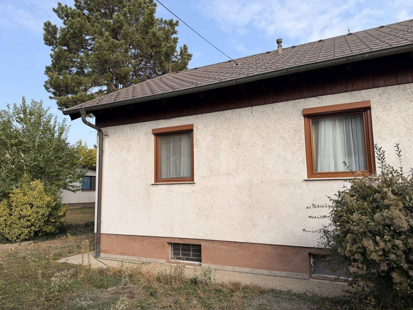 Seitenansicht des Hauses mit braunen Fensterläden und gepflegtem Dach.