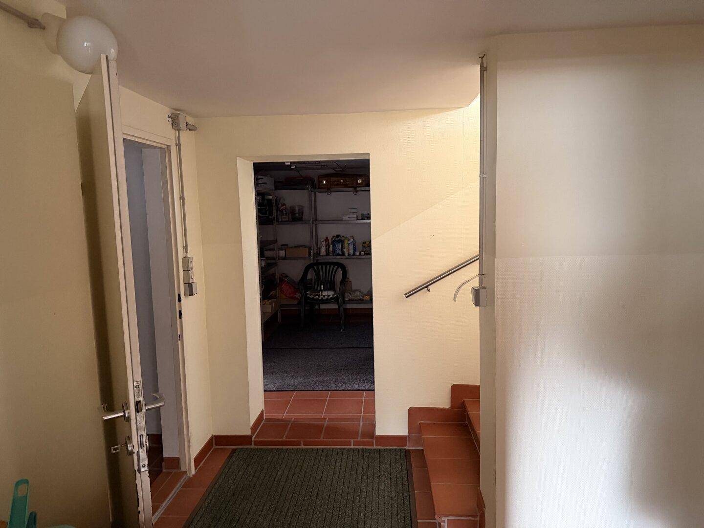 Kellereingang mit Terrakotta-Fliesenboden und Treppe, die zu weiteren Räumen führt.