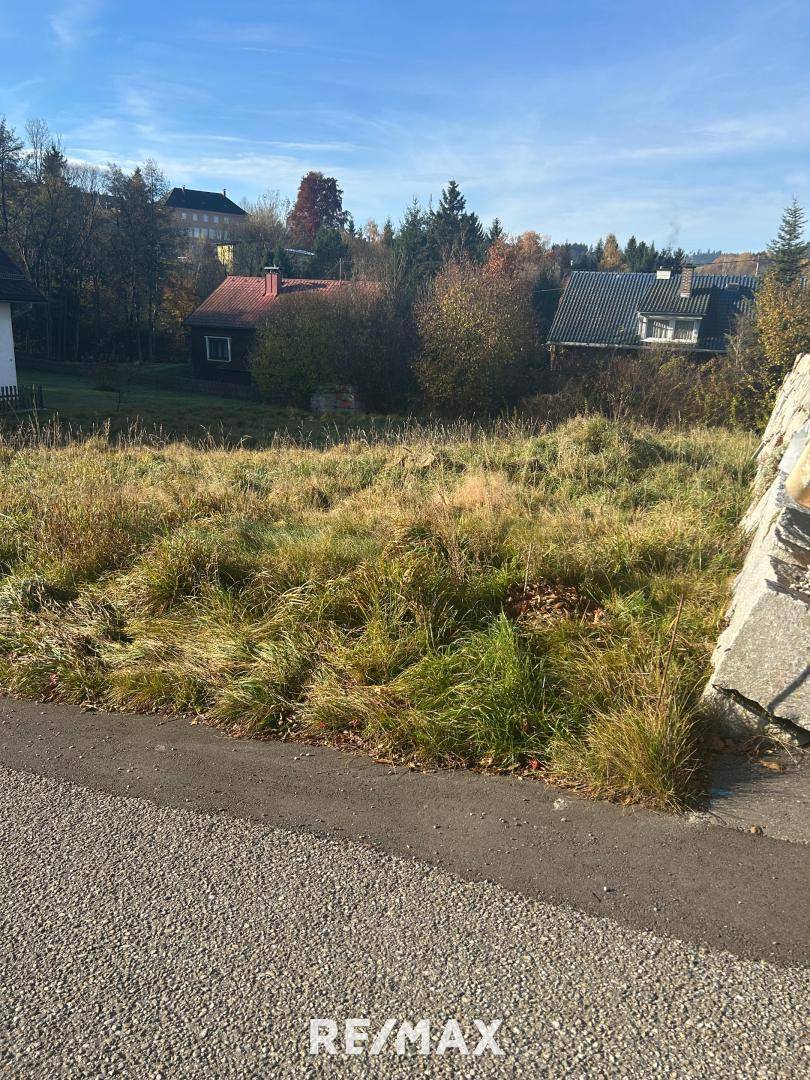 Weitläufiges, unbebautes Grundstück mit hohem Gras und Blick auf die ländliche Umgebung.