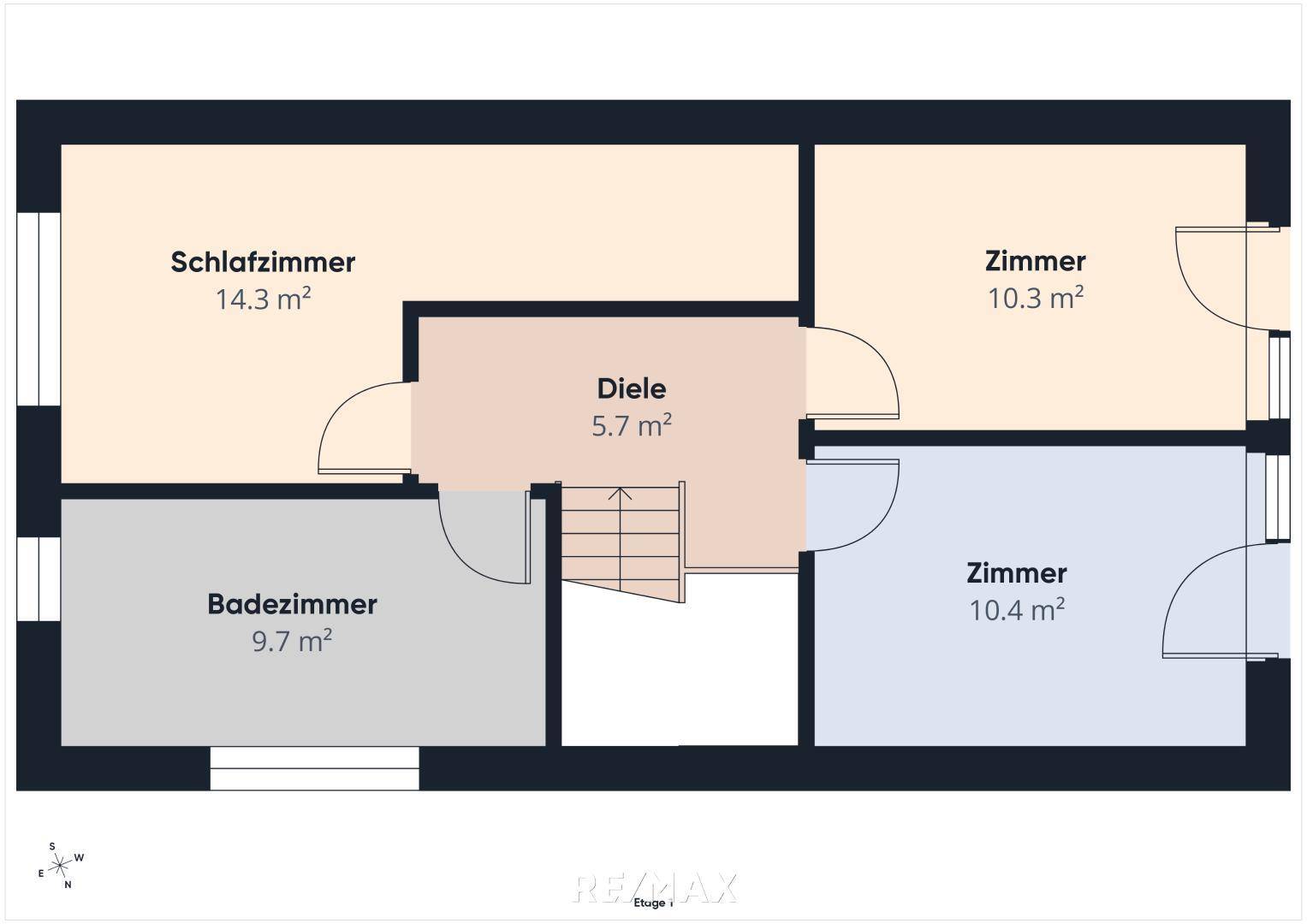Grundriss des Obergeschosses mit drei Schlafzimmern, Diele und einem Badezimmer.