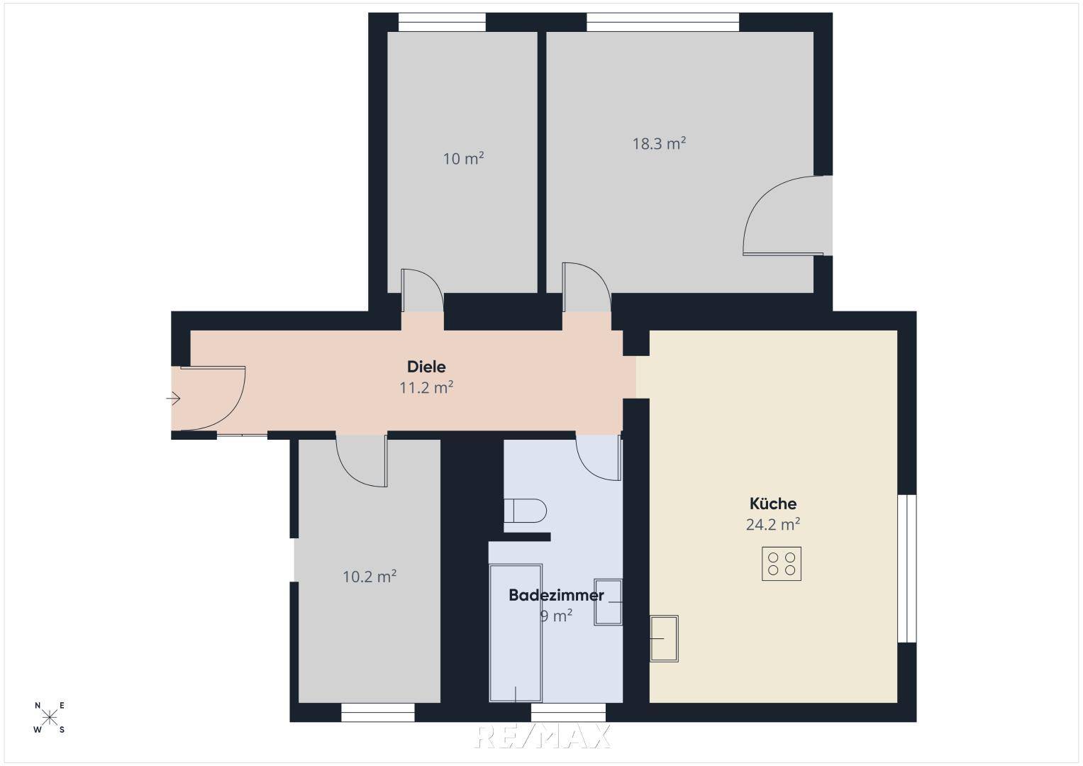 Grundriss der Wohnung mit Diele, Küche, Badezimmer und drei weiteren Räumen.
