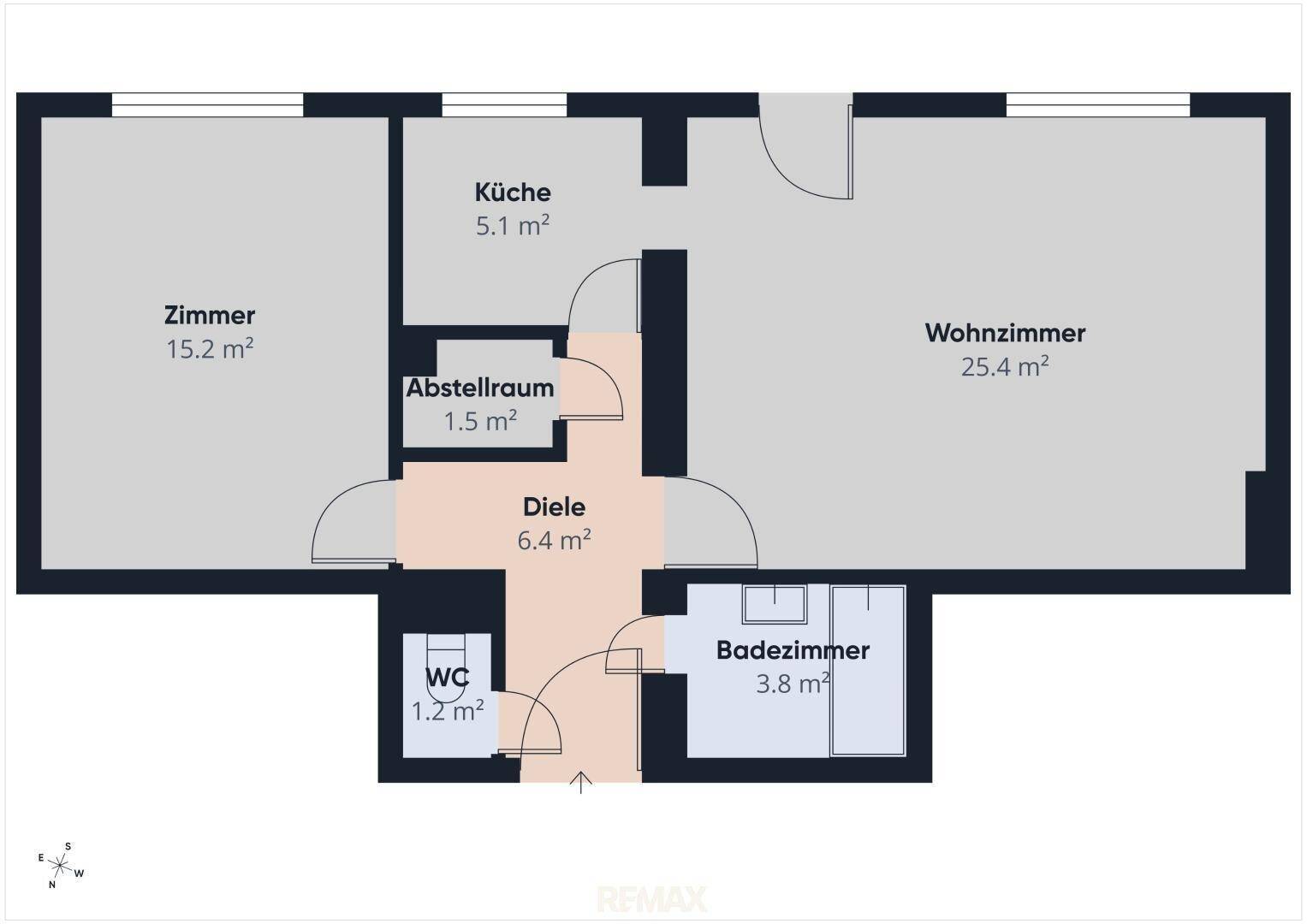 Grundriss der Wohnung mit separater Küche, Wohnzimmer, Schlafzimmer, Bad und Abstellraum.