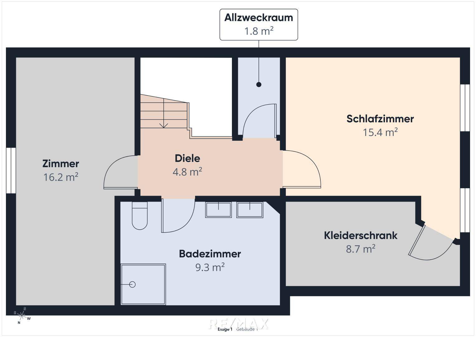Grundriss des Obergeschosses mit Schlafzimmer, Badezimmer und begehbarem Kleiderschrank.
