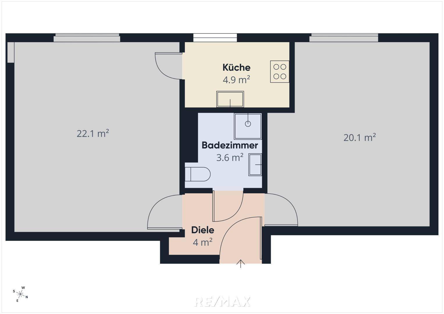 Detaillierter Grundriss einer Wohnung mit Küche, Bad, Diele und zwei weiteren Zimmern.