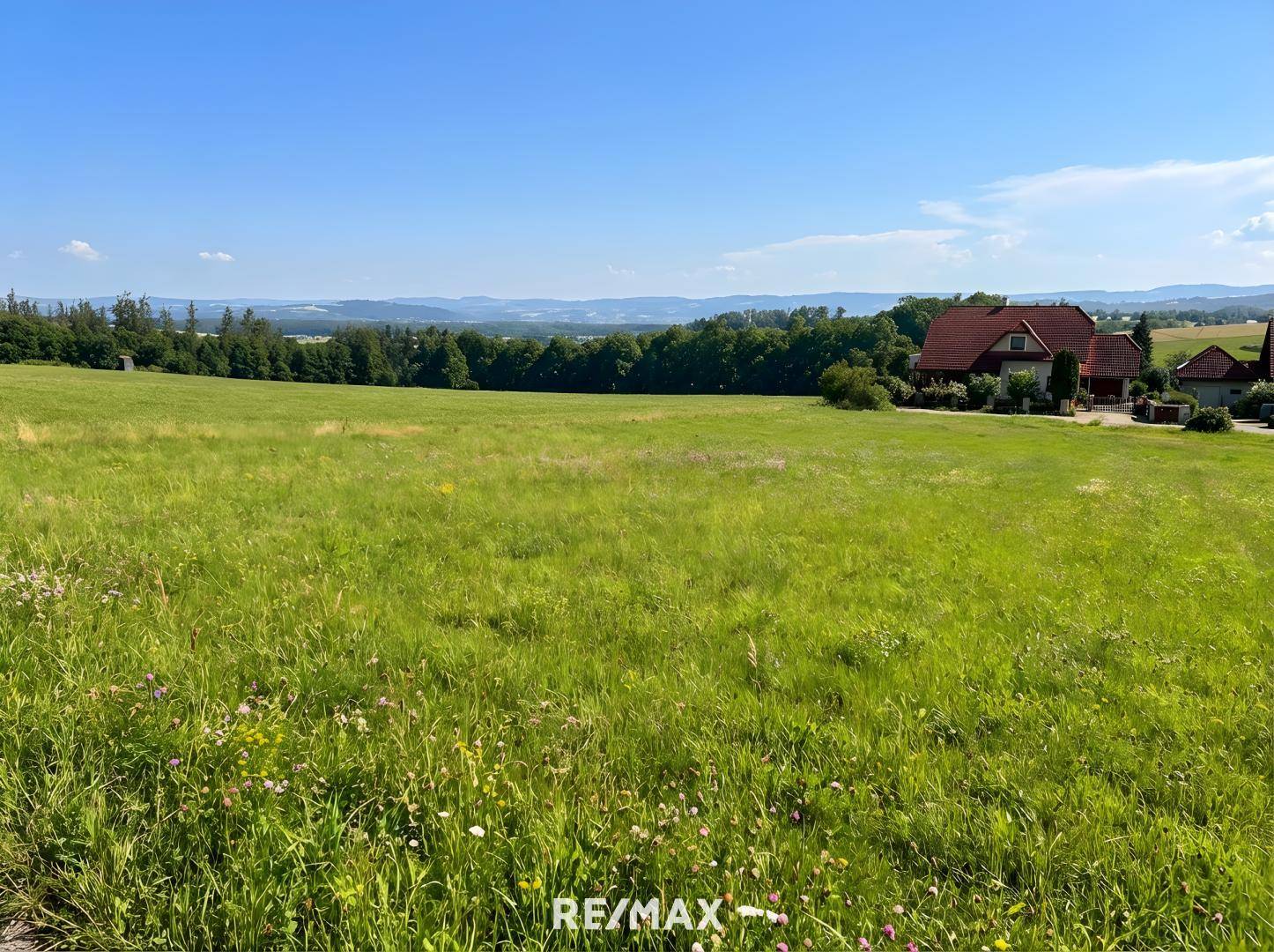 Ausgedehnte grüne Wiesenlandschaft mit bewaldeten Hügeln und Häusern am Horizont unter klarem Himmel.