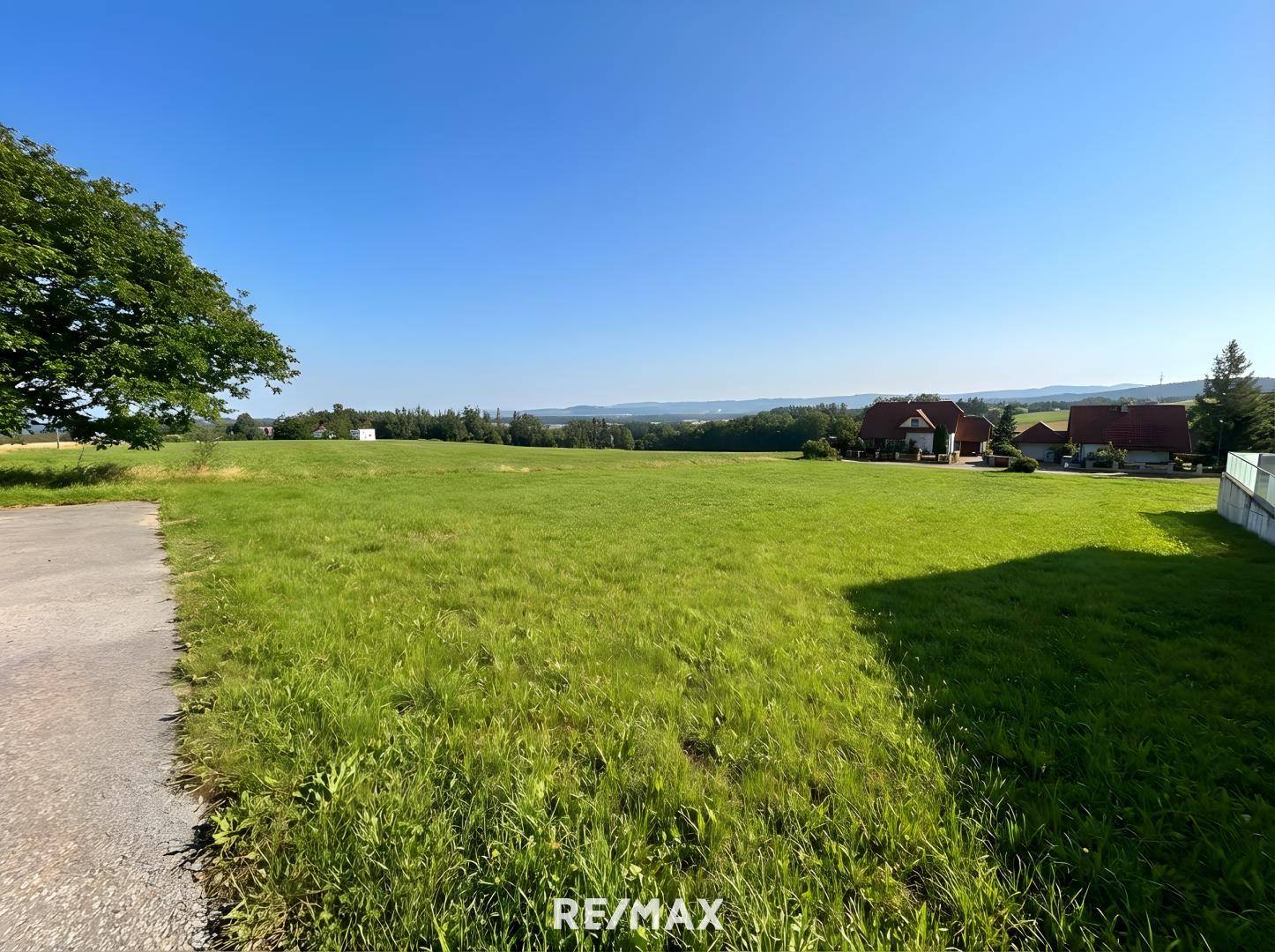 Breite grüne Wiese unter strahlend blauem Himmel mit einer Baumgruppe und Häusern in der Ferne.