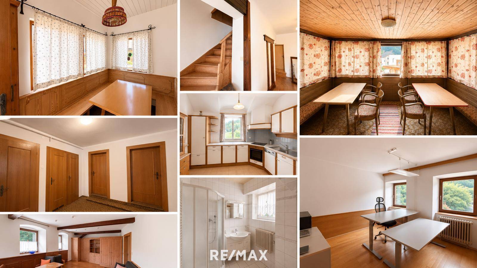 Collage verschiedener Innenräume mit traditioneller Einrichtung, Holzdetails und hellen Wänden.