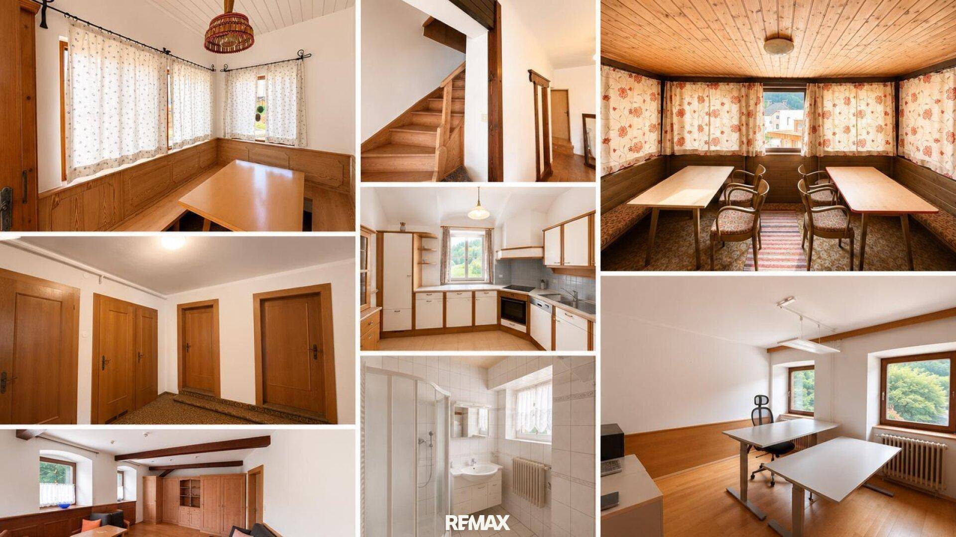 Collage verschiedener Innenräume mit Holzelementen, darunter Küche, Bad, Treppe und Essbereiche.