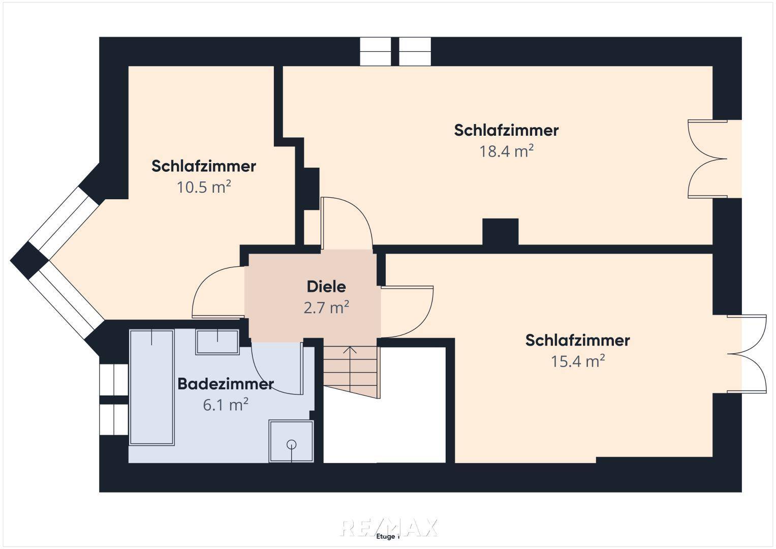 Grundriss des Obergeschosses mit drei Schlafzimmern, Diele und Badezimmer.