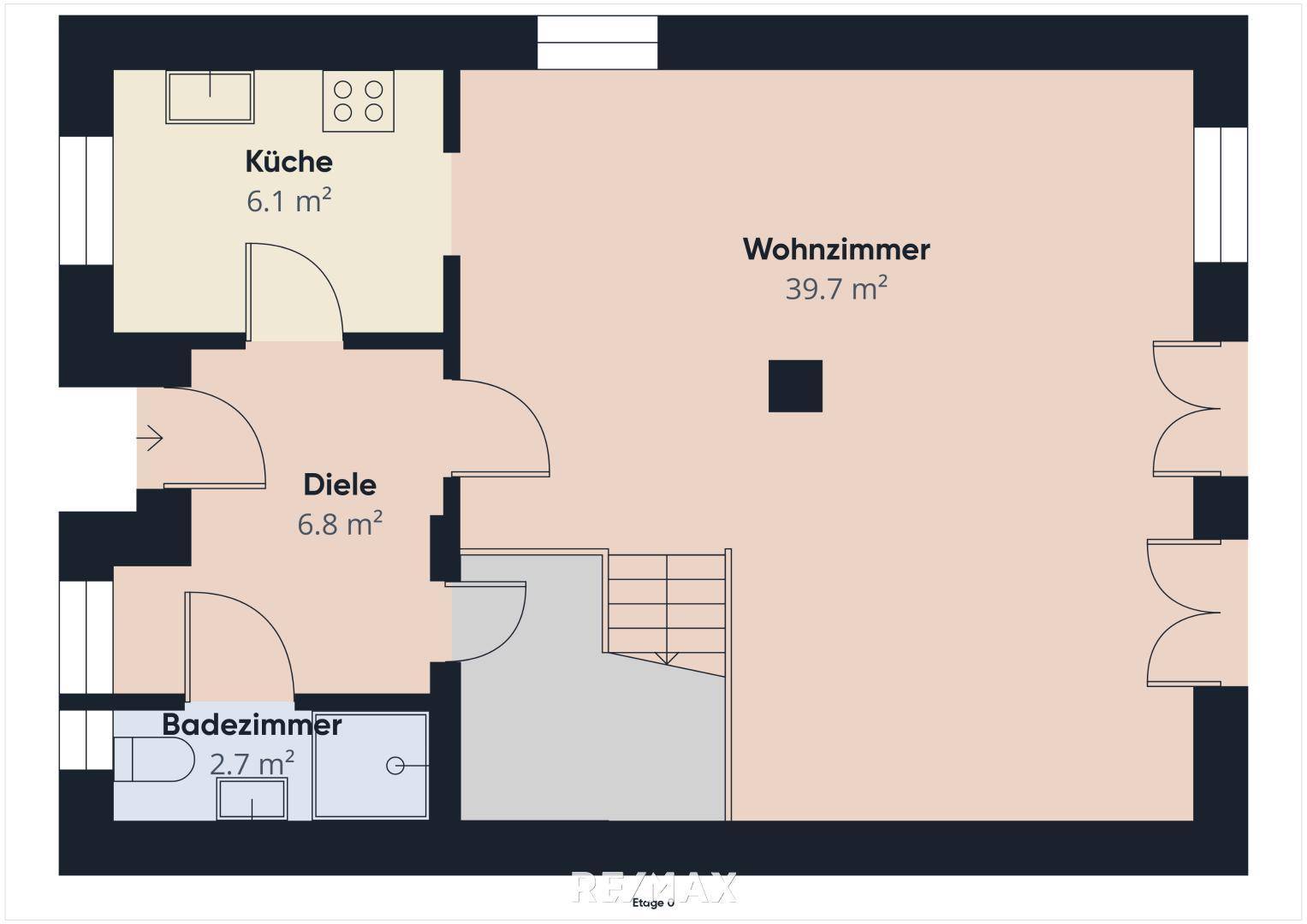Grundriss des Erdgeschosses mit Küche, Wohnzimmer, Diele und Badezimmer.