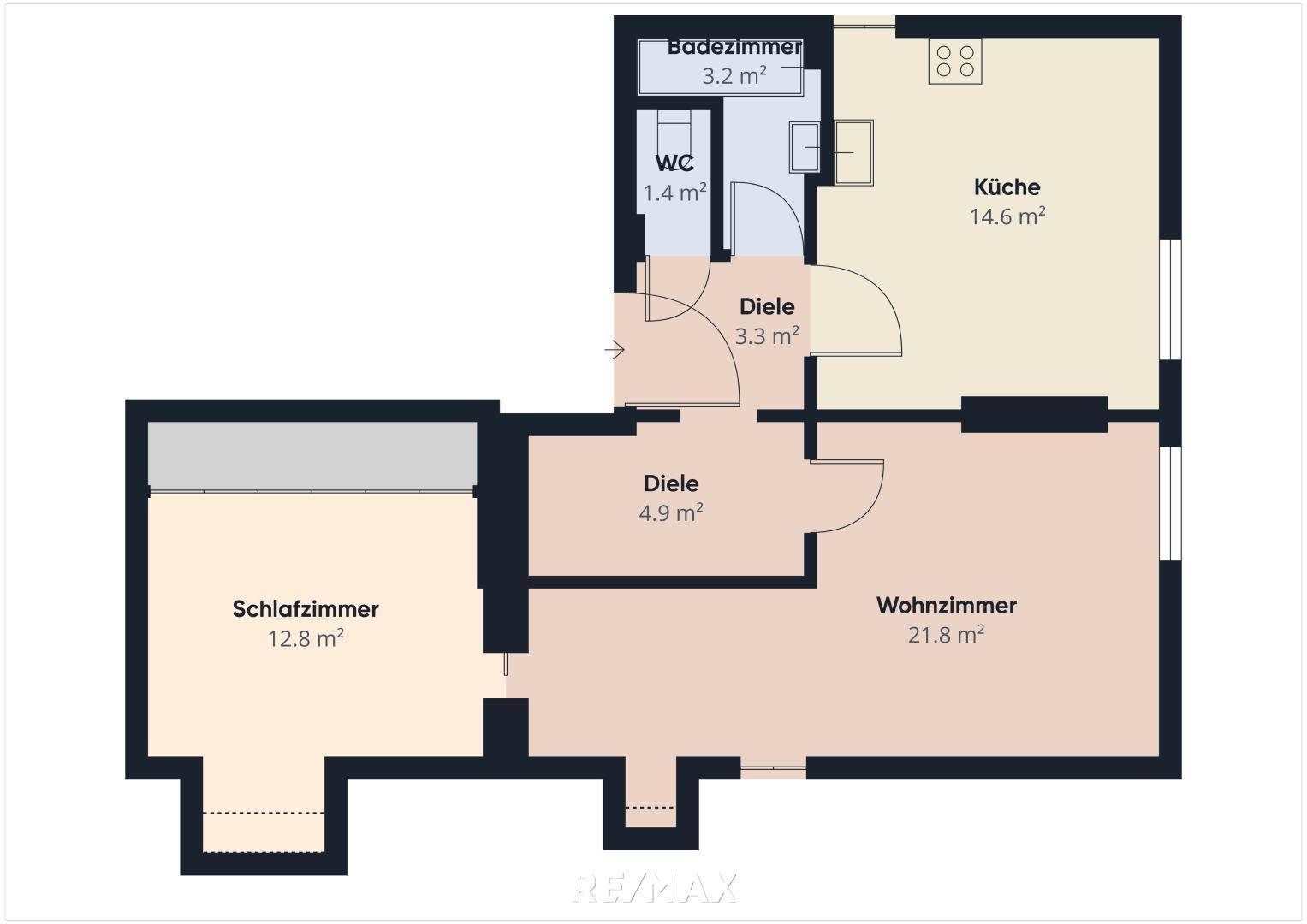 Grundriss der Wohnung mit Schlafzimmer, Wohnzimmer, Küche, Bad und separatem WC.