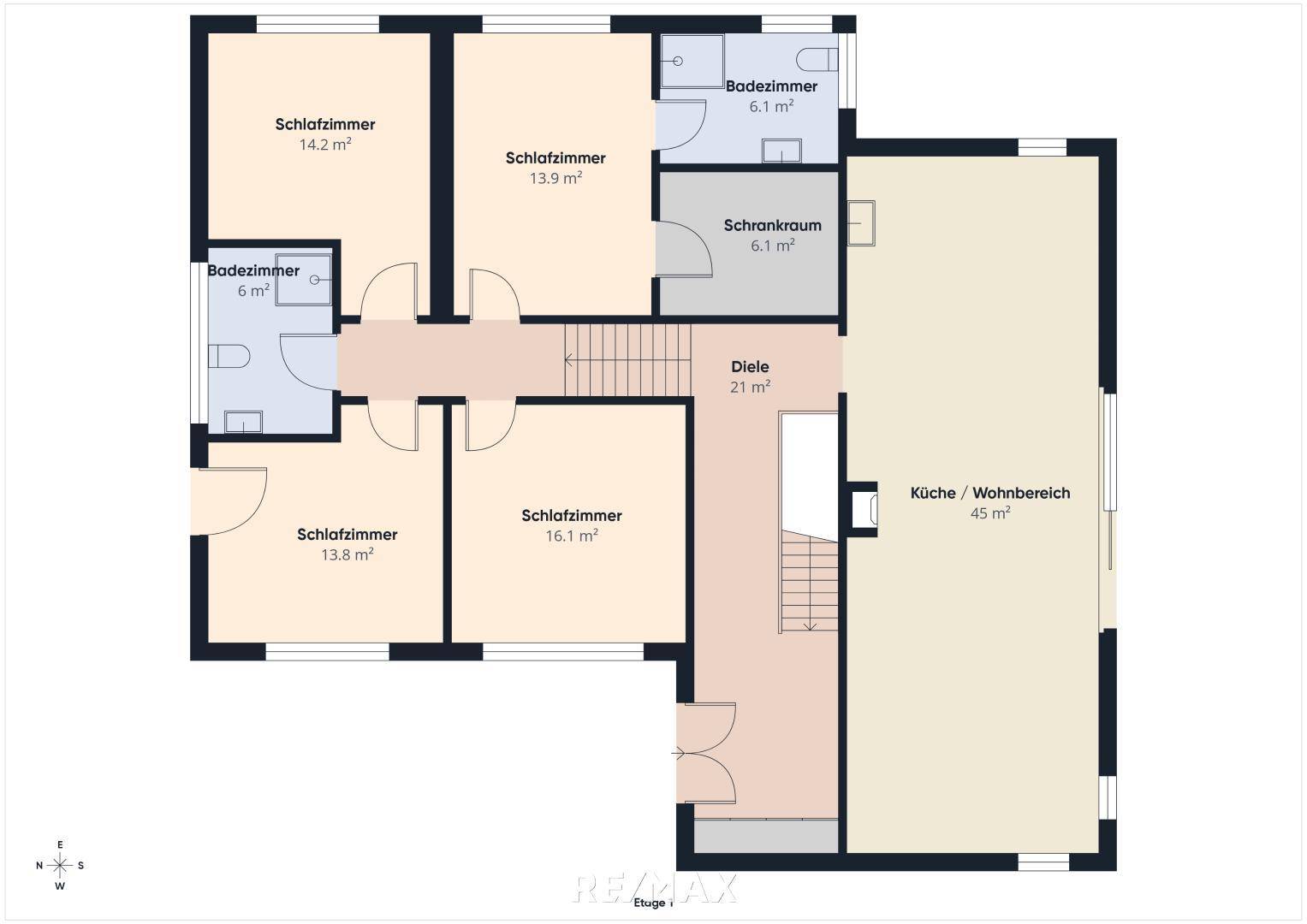 Grundriss der oberen Etage mit vier Schlafzimmern, zwei Badezimmern und offenem Wohnbereich.
