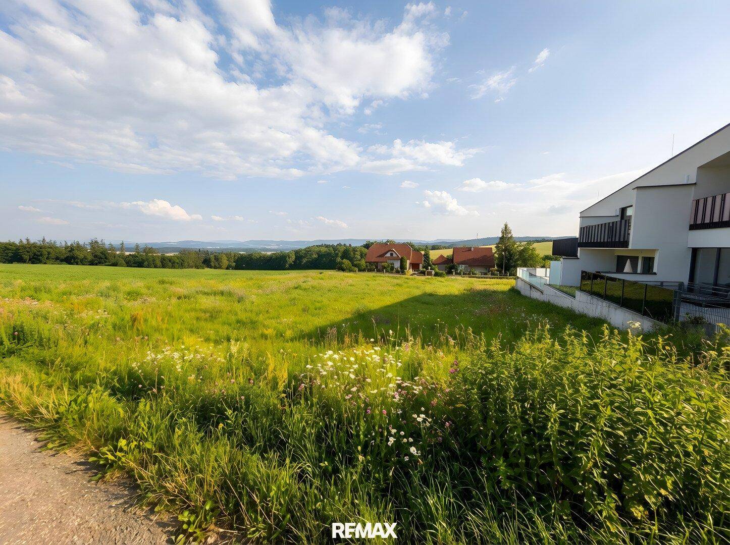 Weitläufiges Feld mit blühenden Blumen im Vordergrund und einem modernen Gebäude am rechten Bildrand.
