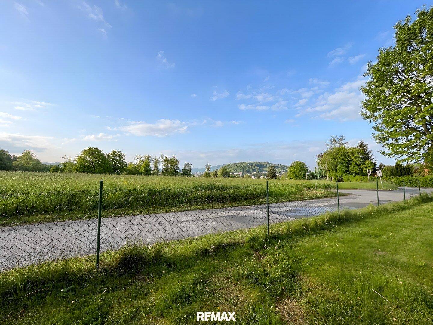 Weitläufiger Blick über grüne Felder und Wiesen mit einer Straße und entfernten Hügeln.