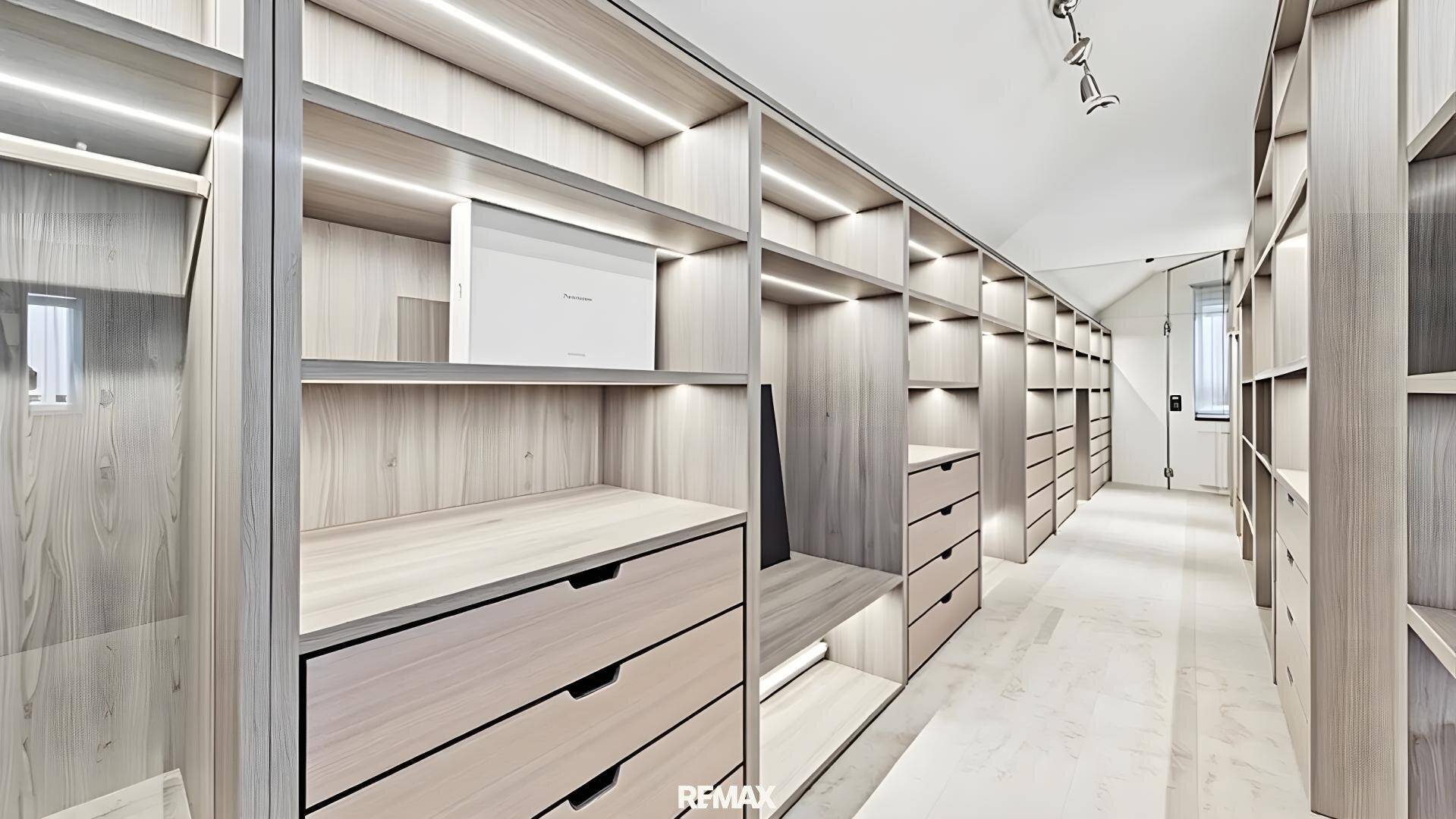 Geräumiger begehbarer Kleiderschrank mit integrierten Regalen und Beleuchtung.