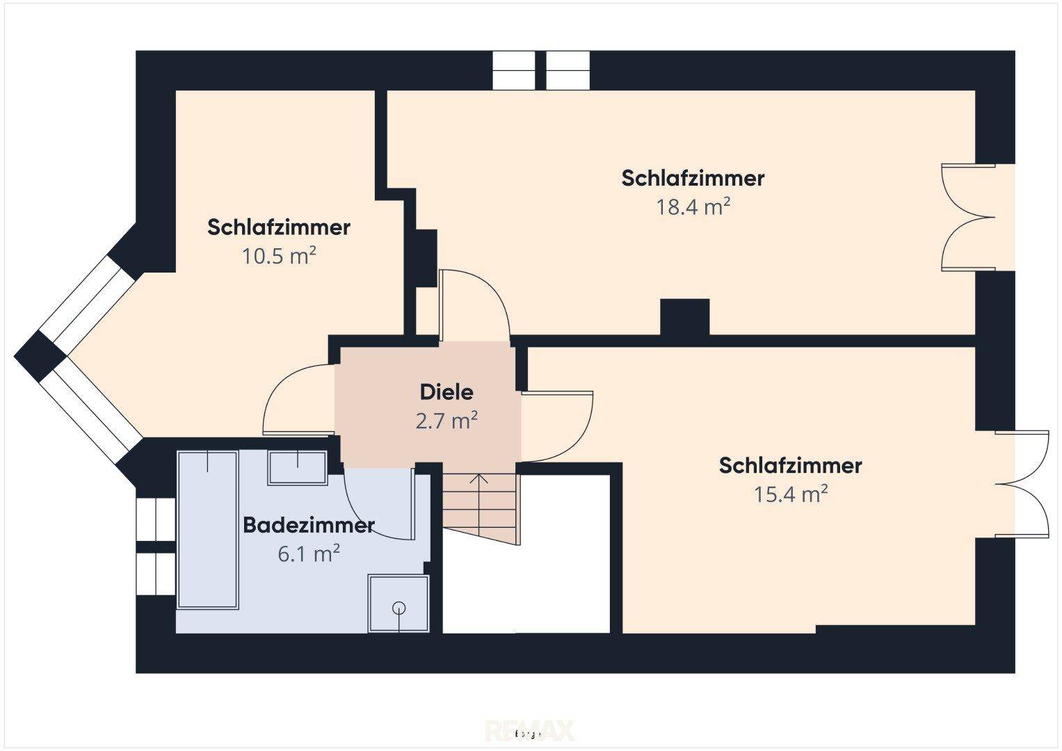 Grundriss des Obergeschosses mit drei Schlafzimmern, Diele und Badezimmer.