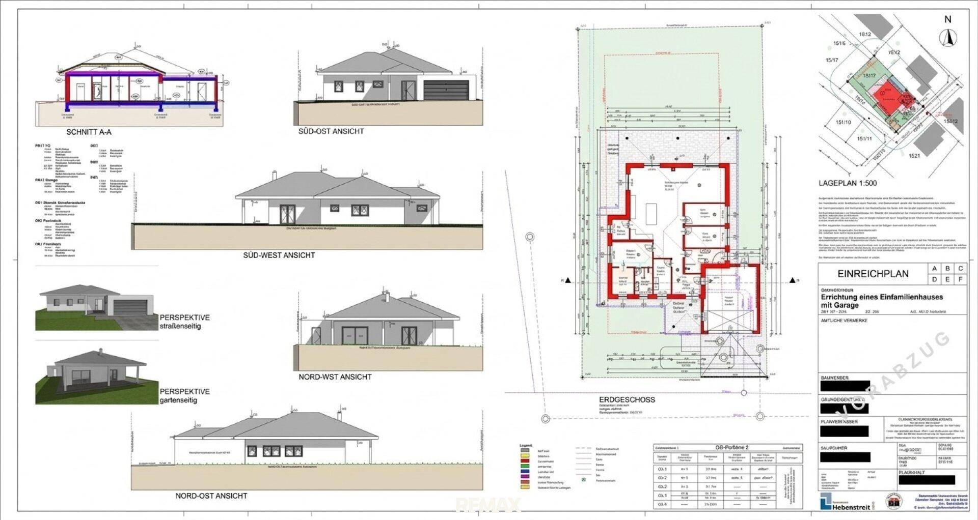 Detaillierter Grundriss und Ansichten eines Einfamilienhauses mit Garage.