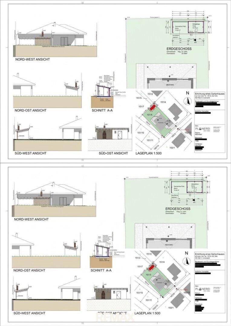 Architektonische Pläne mit Ansichten und Lageplan eines Einfamilienhauses.