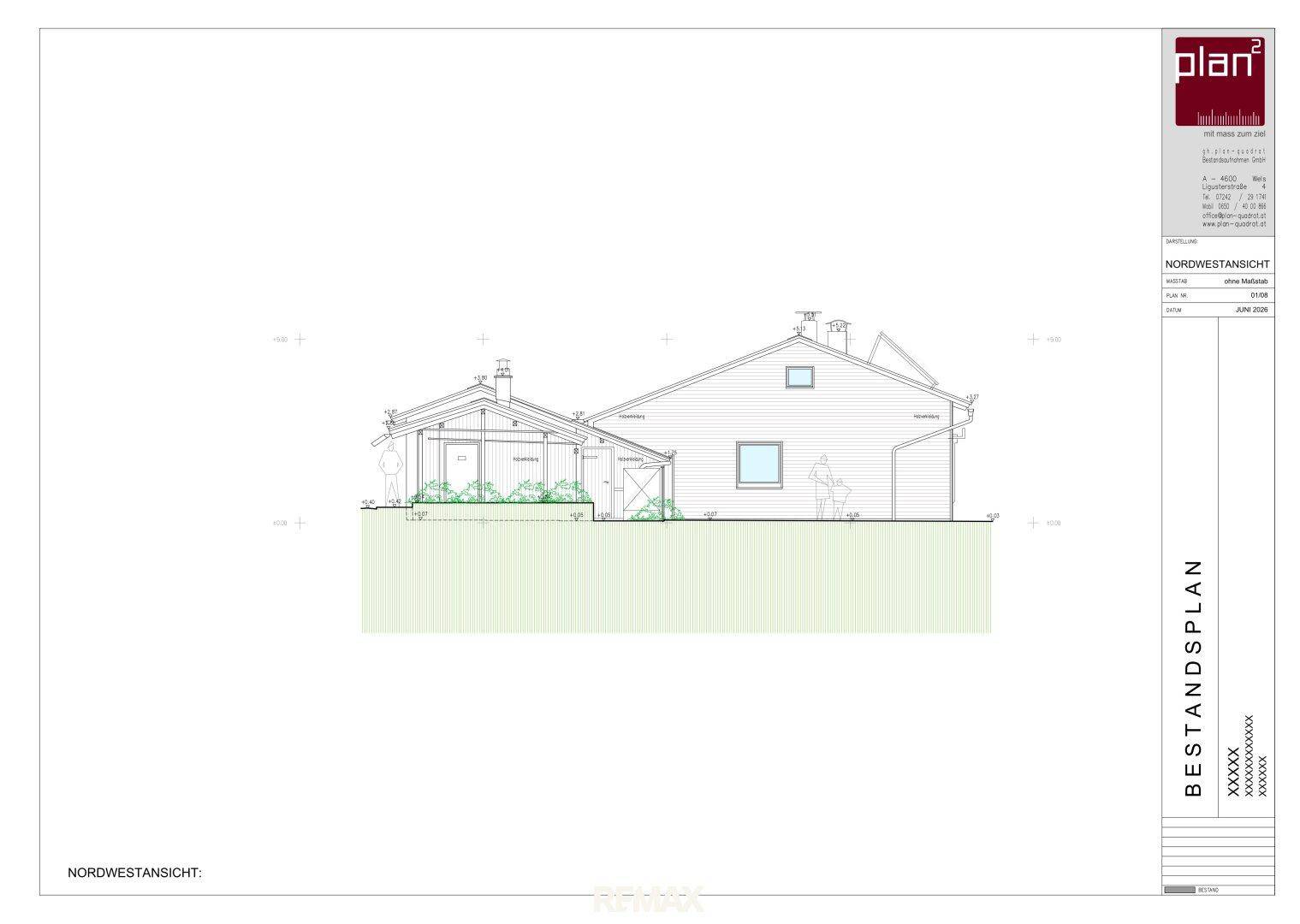Nordwestansicht des Gebäudes mit Anbau und schlichtem Design.