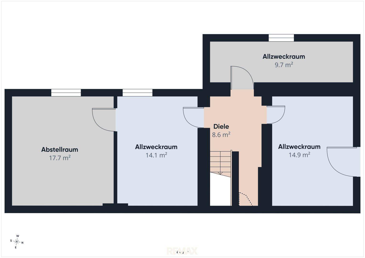 Grundriss des Untergeschosses mit Abstellraum und mehreren Allzweckräumen für flexible Nutzung.