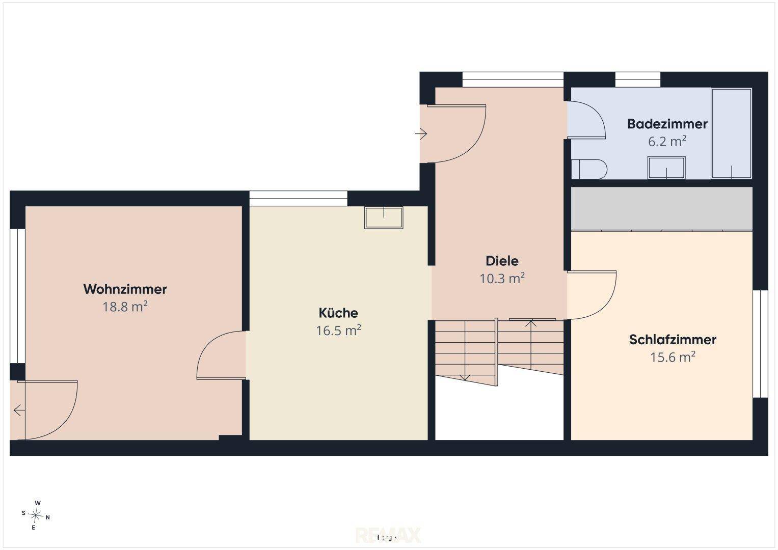 Grundriss des Erdgeschosses mit Wohnzimmer, Küche, Schlafzimmer und Badezimmeraufteilung.