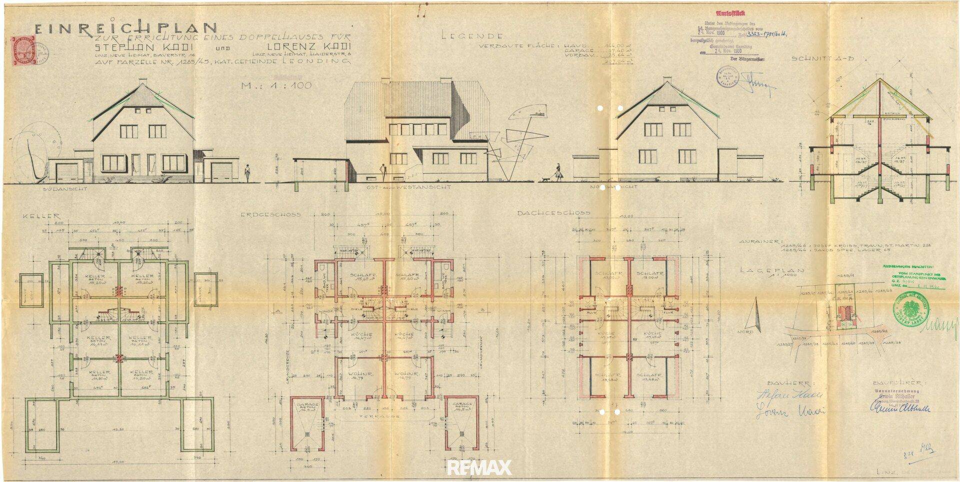 Historischer Einreichplan eines Doppelhauses mit detaillierten Grundrissen und Ansichten.