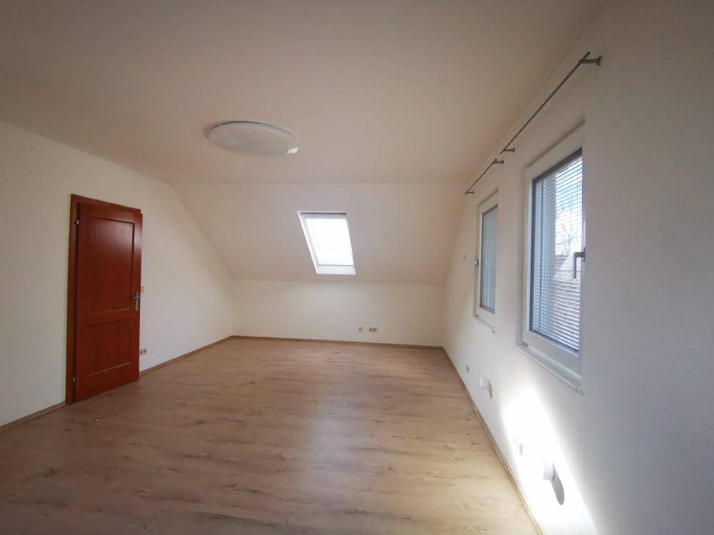 Geräumiges Dachzimmer mit Laminatboden, Dachfenster und einer Holztür.