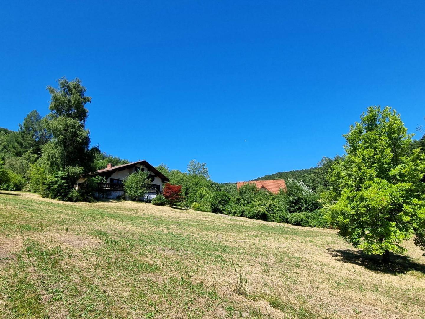 Weitläufige Wiesenlandschaft mit einem traditionellen Haus im Hintergrund, umgeben von Bäumen.