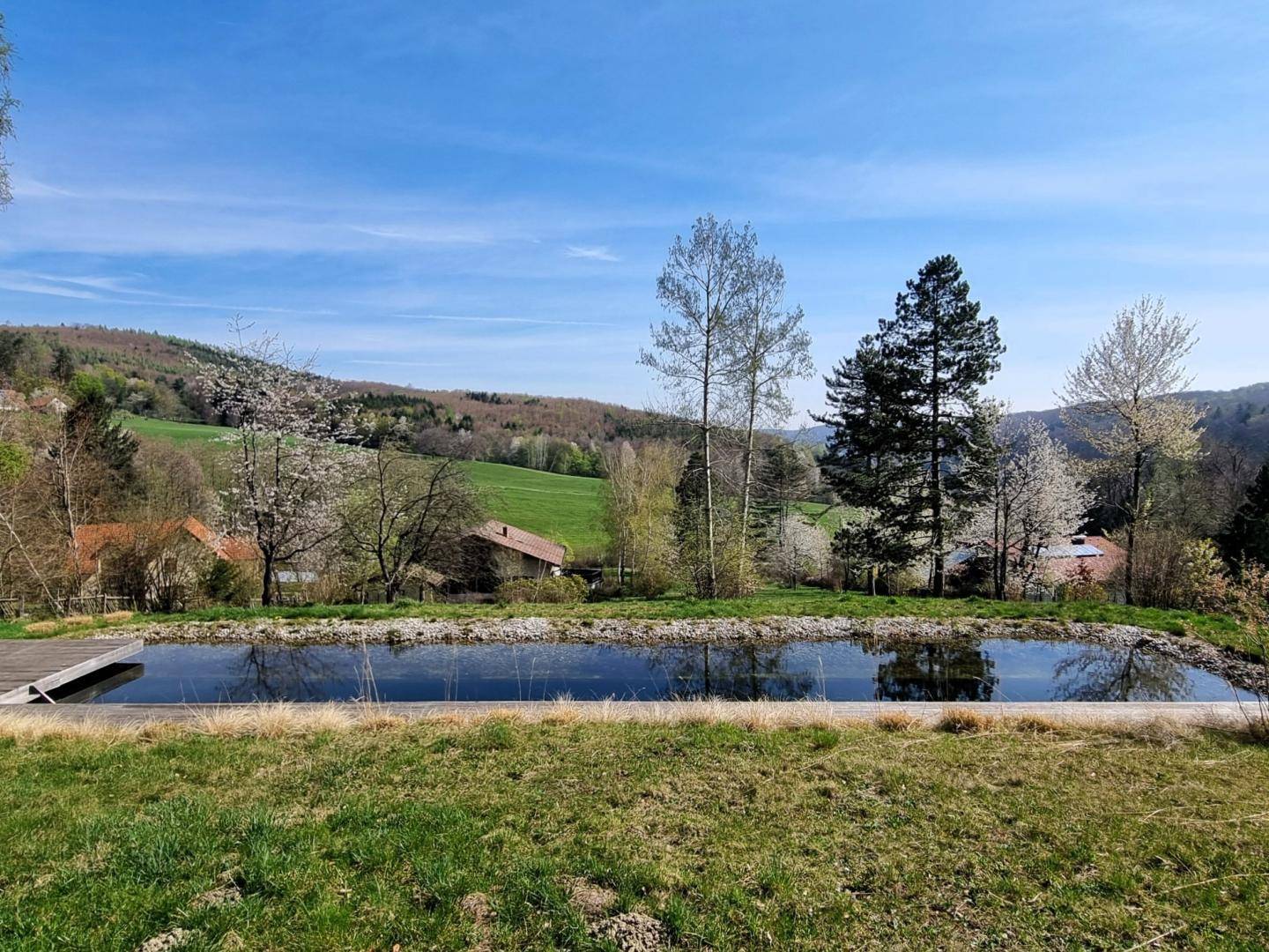 Natürlicher Schwimmteich mit weitem Blick auf die grüne Hügellandschaft und vereinzelte Häuser.