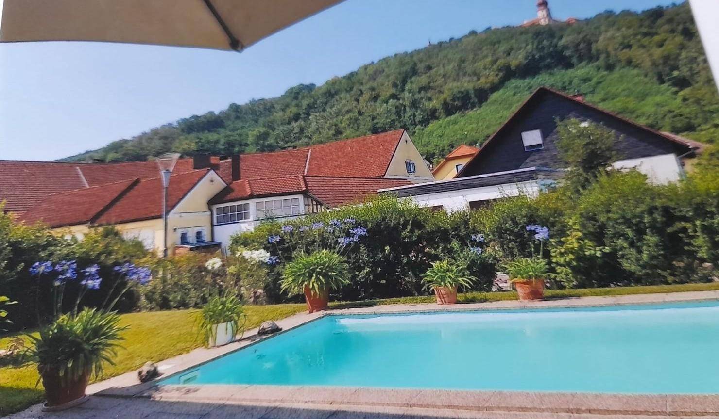 Pool im Sommer mit Ausblick auf Göttweig