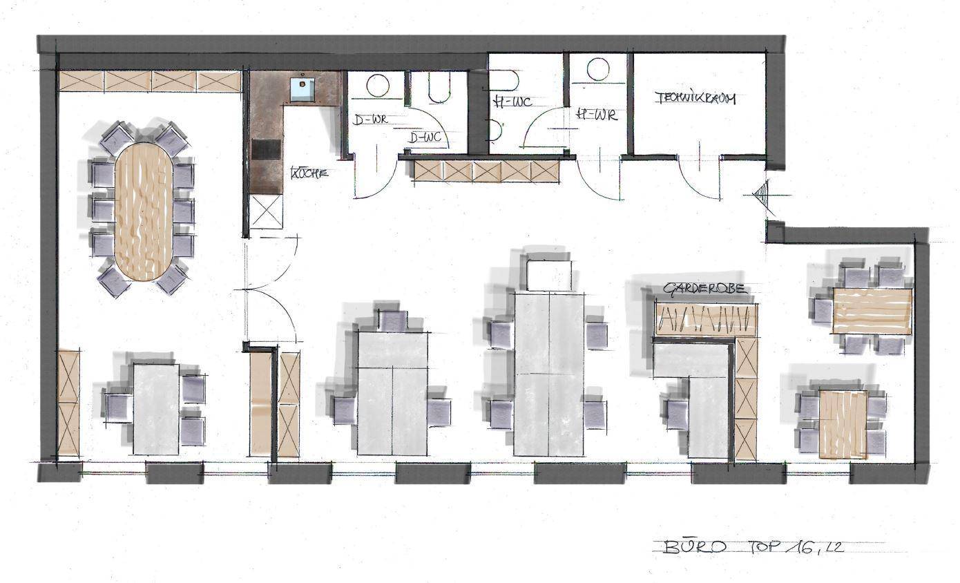 Handgezeichneter Grundriss mit mehreren Büroräumen, einer Küche und Sanitärbereichen.