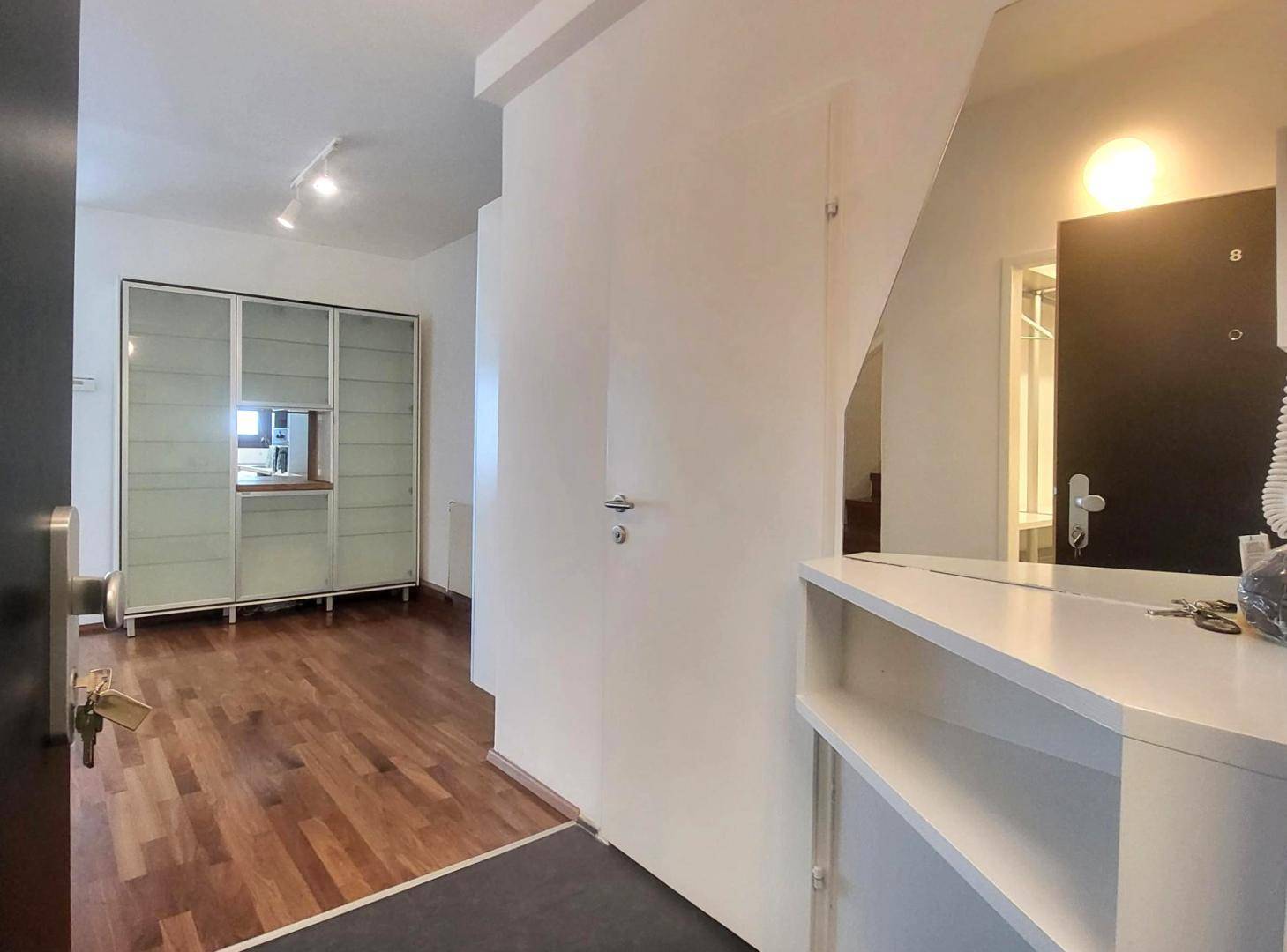 Eingangsbereich mit Holzboden, Spiegelschrank und Zugang zu weiteren Räumen der Wohnung.