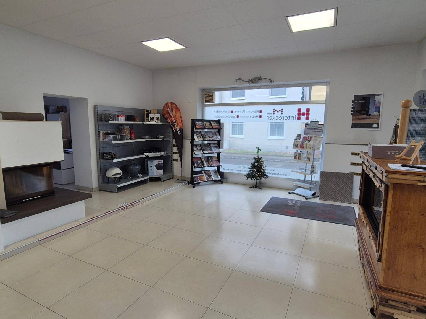 Geräumiger Ausstellungsraum mit verschiedenen Kaminmodellen, Regalen und großen Fenstern zur Straße.