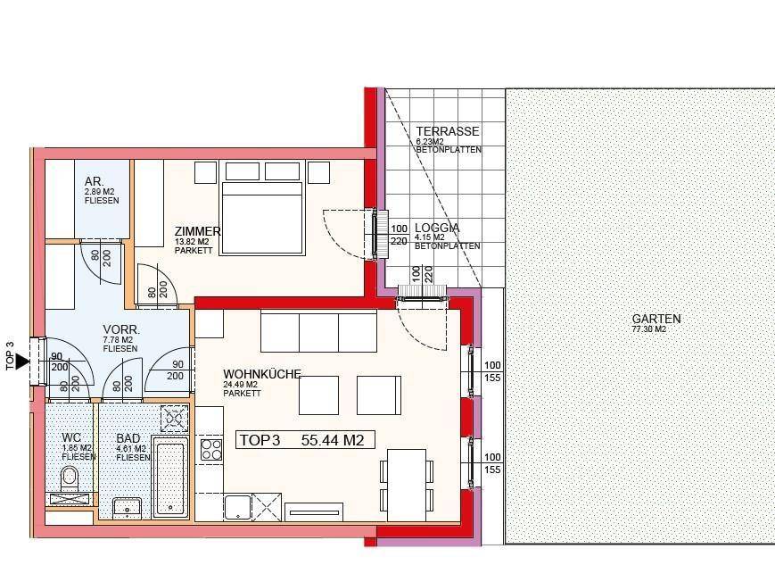 Detaillierter Grundriss einer Wohnung mit Wohnküche, Schlafzimmer, Terrasse und Garten.