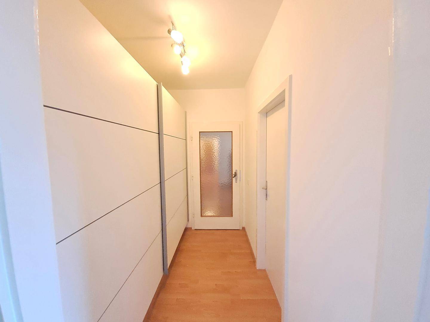 Moderner Flur mit integrierten weißen Schränken und Laminatboden für zusätzlichen Stauraum.