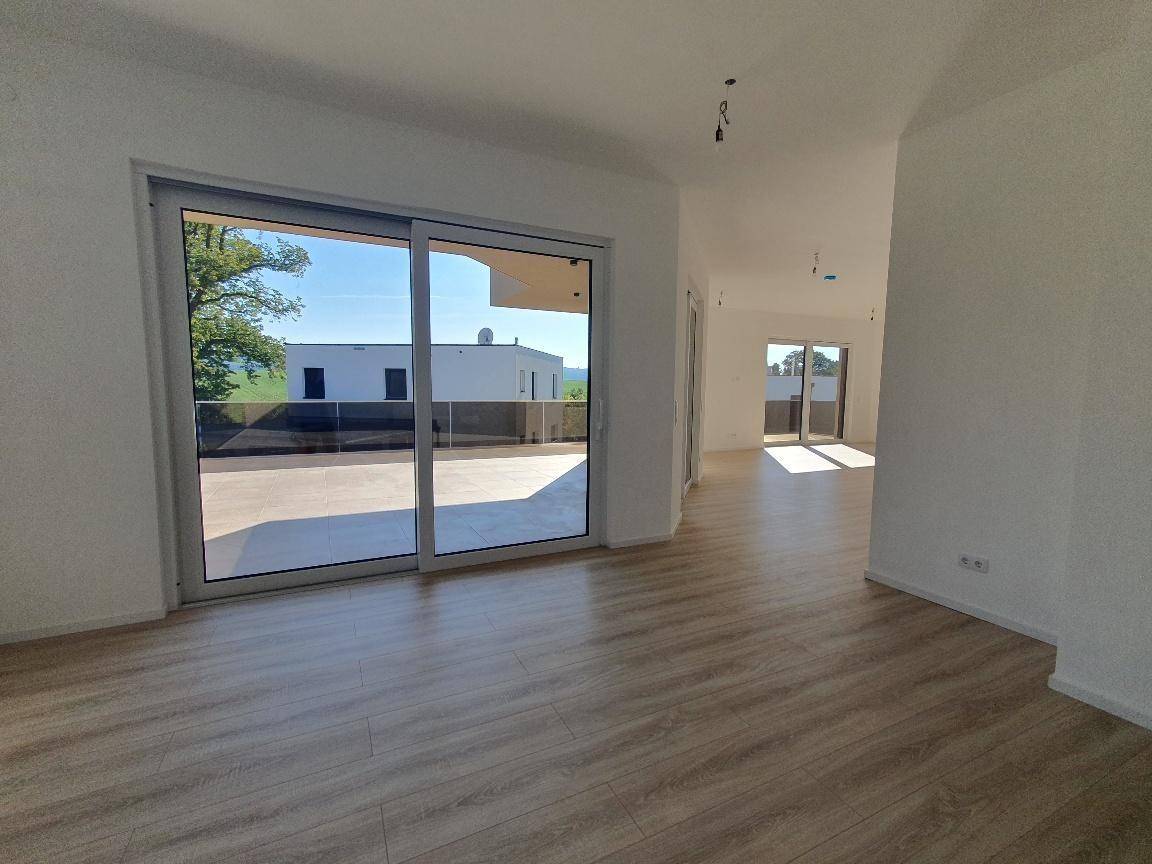 Offener Wohnbereich mit Zugang zu einer großen Terrasse und hellem Laminatboden.