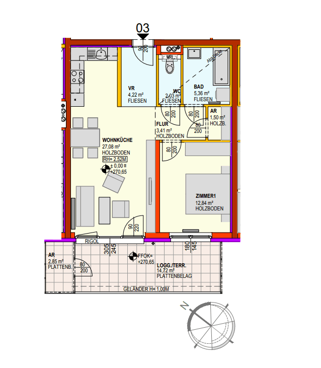Grundriss einer Wohnung mit Wohnküche, Schlafzimmer, Bad, separatem WC und Loggia/Terrasse.