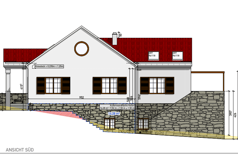 Architektonische Südansicht eines Hauses mit Steinfundament, roten Ziegeldächern und Fensterläden.