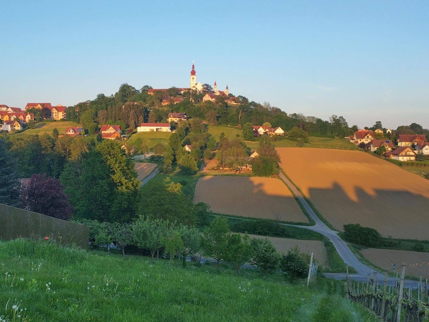 Abendliche Ansicht einer ländlichen Landschaft mit Feldern und einem Dorf auf einem Hügel im warmen Licht der untergehenden Sonne.