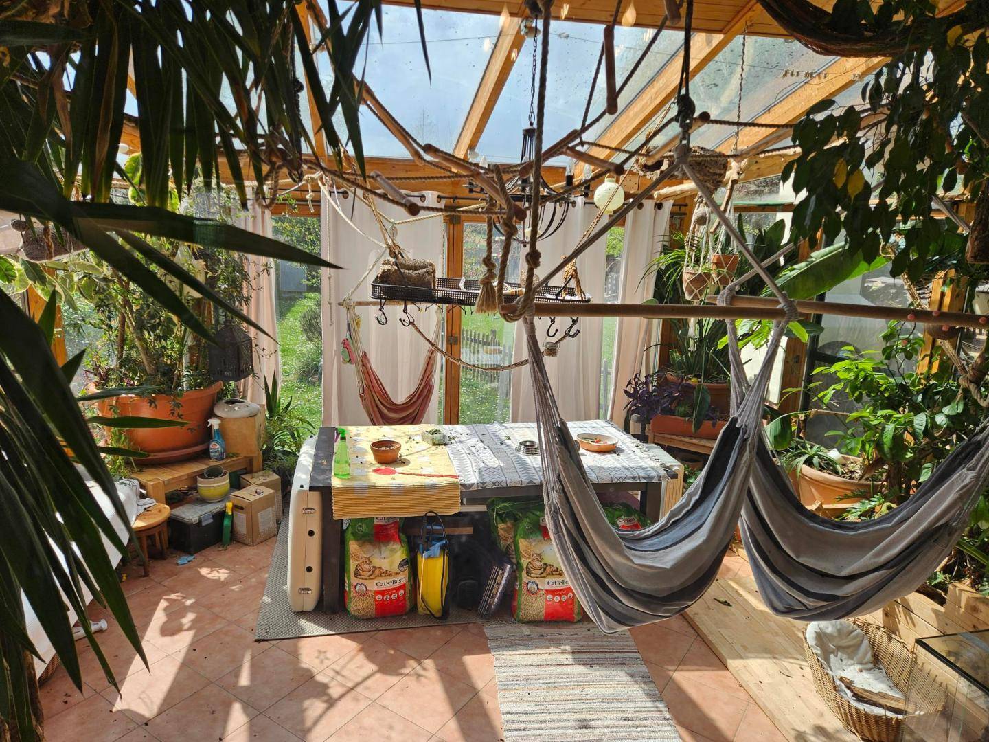 Heller Wintergarten mit vielen Pflanzen, Hängematten und einem großen Esstisch.