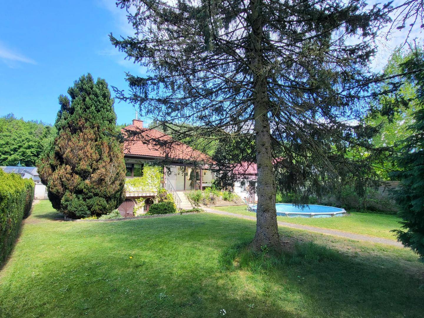 Weitläufiger Garten mit Rasen, Bäumen und Blick auf das Einfamilienhaus mit Pool.